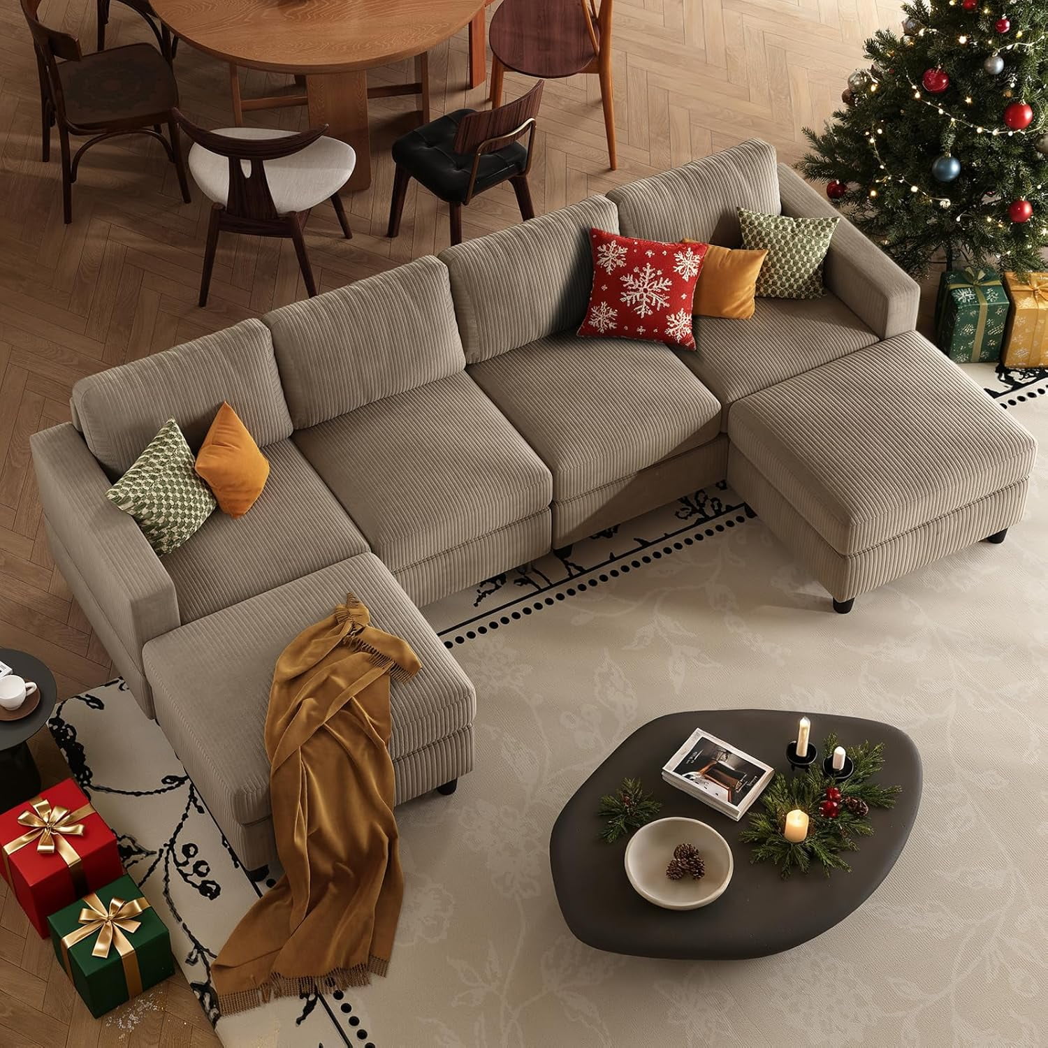 AENKYO U-Shaped Sectional Sofa Couch with 2 Ottomans, Convertible 4-Seat Living Room Furniture with Removable Cushions, Brown