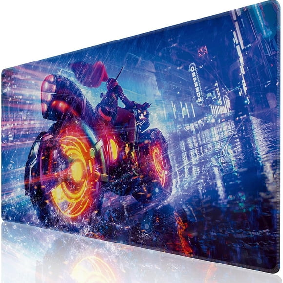 Cyberpunk Tapis de Souris Gaming Néon City Anime 31.5x15.7 Po Base Antidérapante Cousue Bords Idéal pour Ordinateur Portable, Clavier & Souris