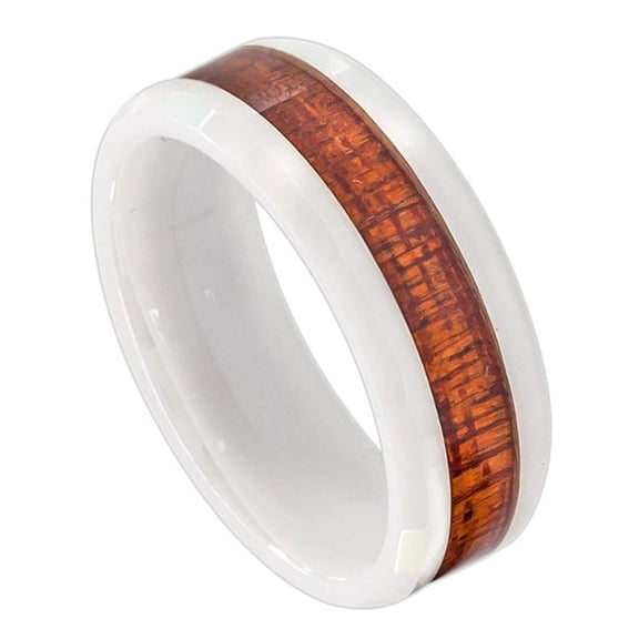 8mm White Ceramic with Hawaiian Koa Wood Inlay & Faceted Edge Wedding Band Ring For Men or Ladies