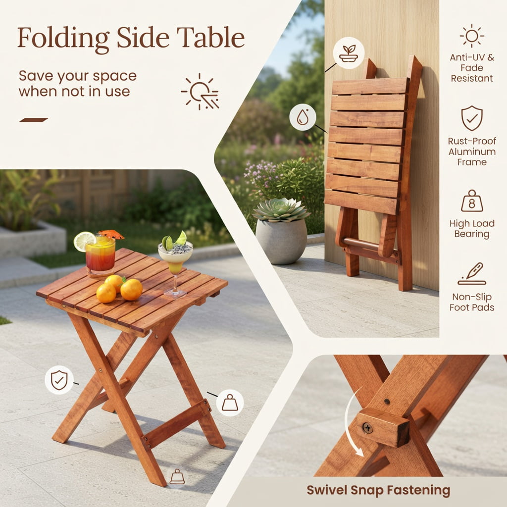 Hommoo 3-Piece Poplar Wood Outdoor Rocking Bistro Set, Foldable Table & Two High-Back Rockers for Patio, Porch, Balcony & Garden, Brown