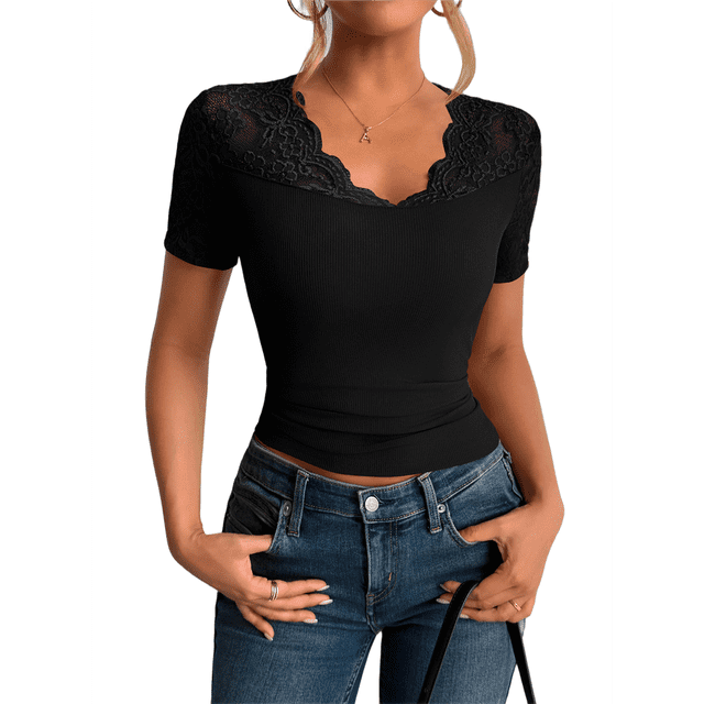 Camisetas de Corta con Cuello en V y Encaje para Mujer, Camisetas Básicas Ajustadas de Punto Acanalado, Estilo Informal de Verano para Negocios Negro L