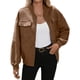 thumbnail image 2 of Chaqueta de Piel Sintética para Mujer, Estilo Universitario, Informal, con Cremallera Corta, Larga y Bolsillos. Marrón L, 2 of 10