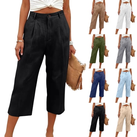 Cropped Cotton Linen Pants for Women Business Casual Wide Leg Capri Pants High Waisted Cotton Cotton Linen Pant Summer Beach Pant Black S