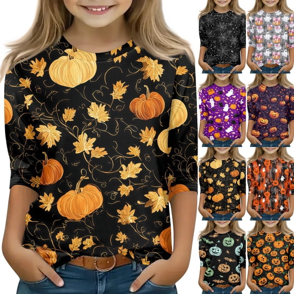 Cute Halloween Shirt Girls Ghost Pumpkin Bow Print 3/4 Sleeve T Shirt Halloween Graphic Tee Spooky Season Fall Outfit Kids,12-13 Years,Dark Gray