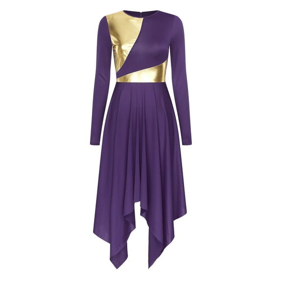 Eandarui Women Long Sleeve Praise Dance Dress Irregular Hem Skirt Lyrical Latin Ballroom Dance Dress Dark Purple XXL
