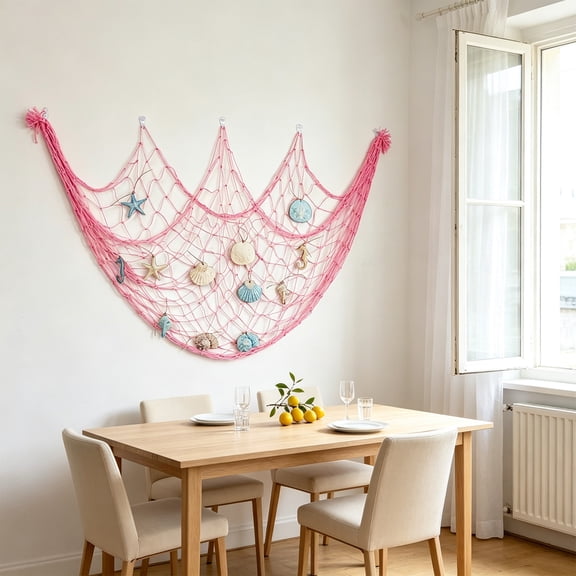 Sea Animal Photo Display Fishnet, 78.74x39.37in Decorative Mesh with Sea Animal Ornaments for Photo Display, Beach Party, Bedroom, Living Room, Coastal Home, and Nautical Wall Styling, Pink