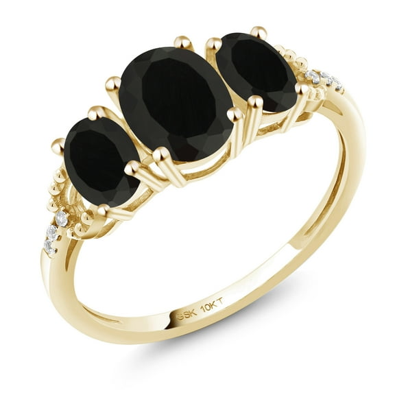 Gem Stone King 1.52 Cttw 10K Yellow Gold Oval Black Onyx and Diamond Accent 3-Stone Engagement Ring | Three Stone Wedding Anniversary Promise Ring for Women | Size 5,6,7,8,9