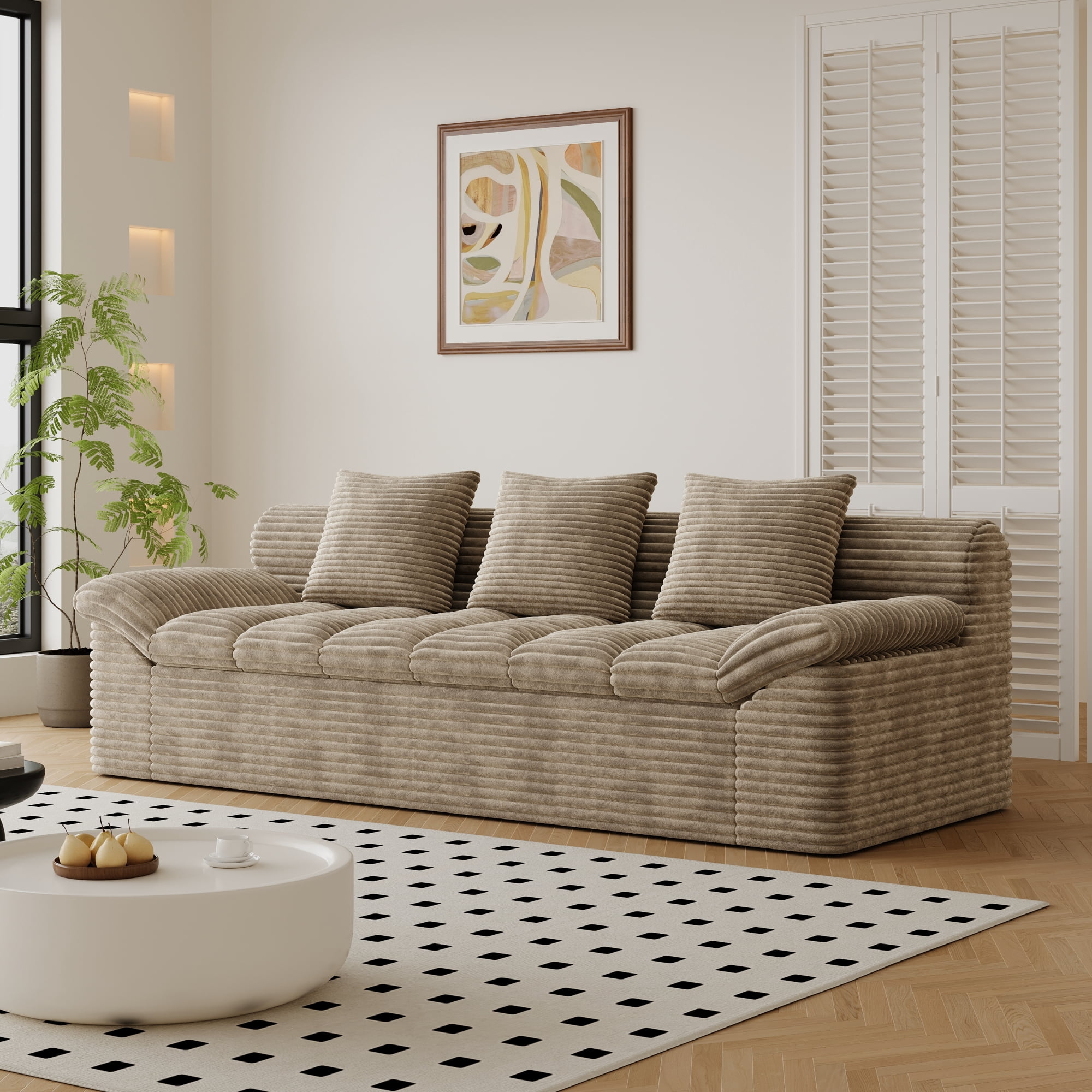 Leumius 3 Seater Boneless Couch for Living Room, Upholstered Corduroy Fabric Loveseat Couch with Deep Seats,Cloud Sofa for Living Room,No Assembly Required,Camel