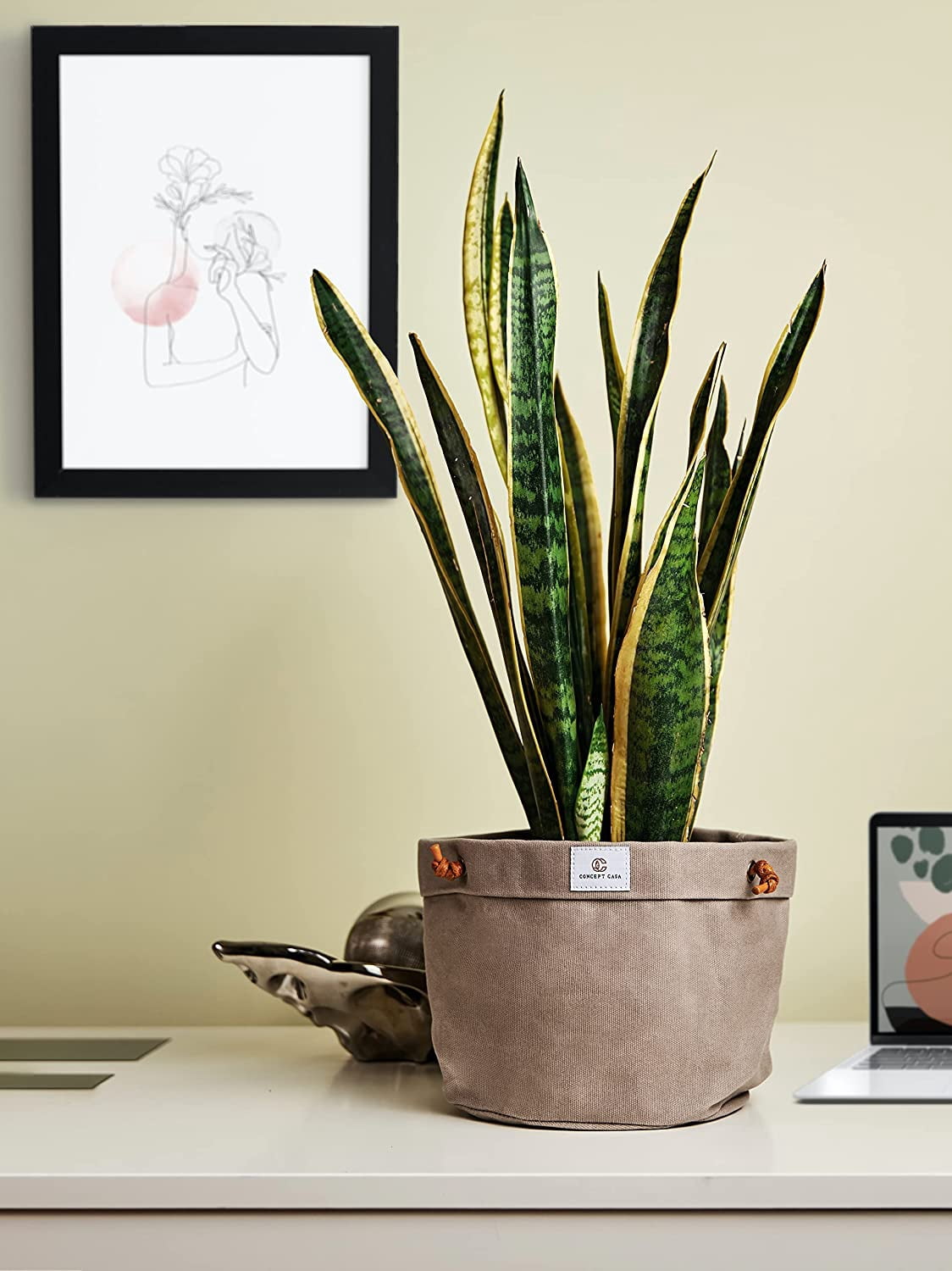 Concept Casa Large 8" Solid Print Hanging Planter with Handmade Waxed Canvas (Stone Grey)
