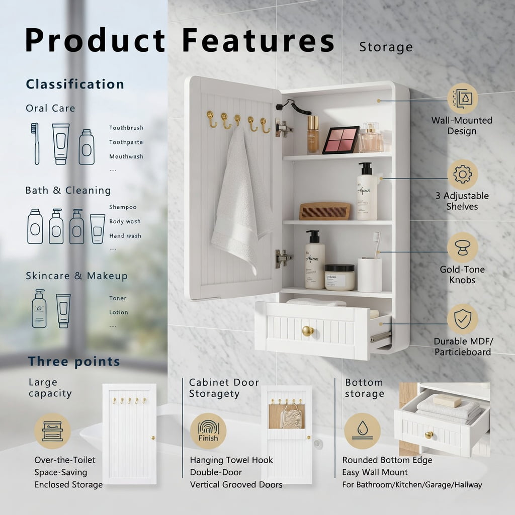 Hommoo Modern LED Bathroom Medicine Cabinet with Anti-Fog Mirror, Warm White Lighting & Wall-Mounted Aluminum-Plastic Design, Single Door, White