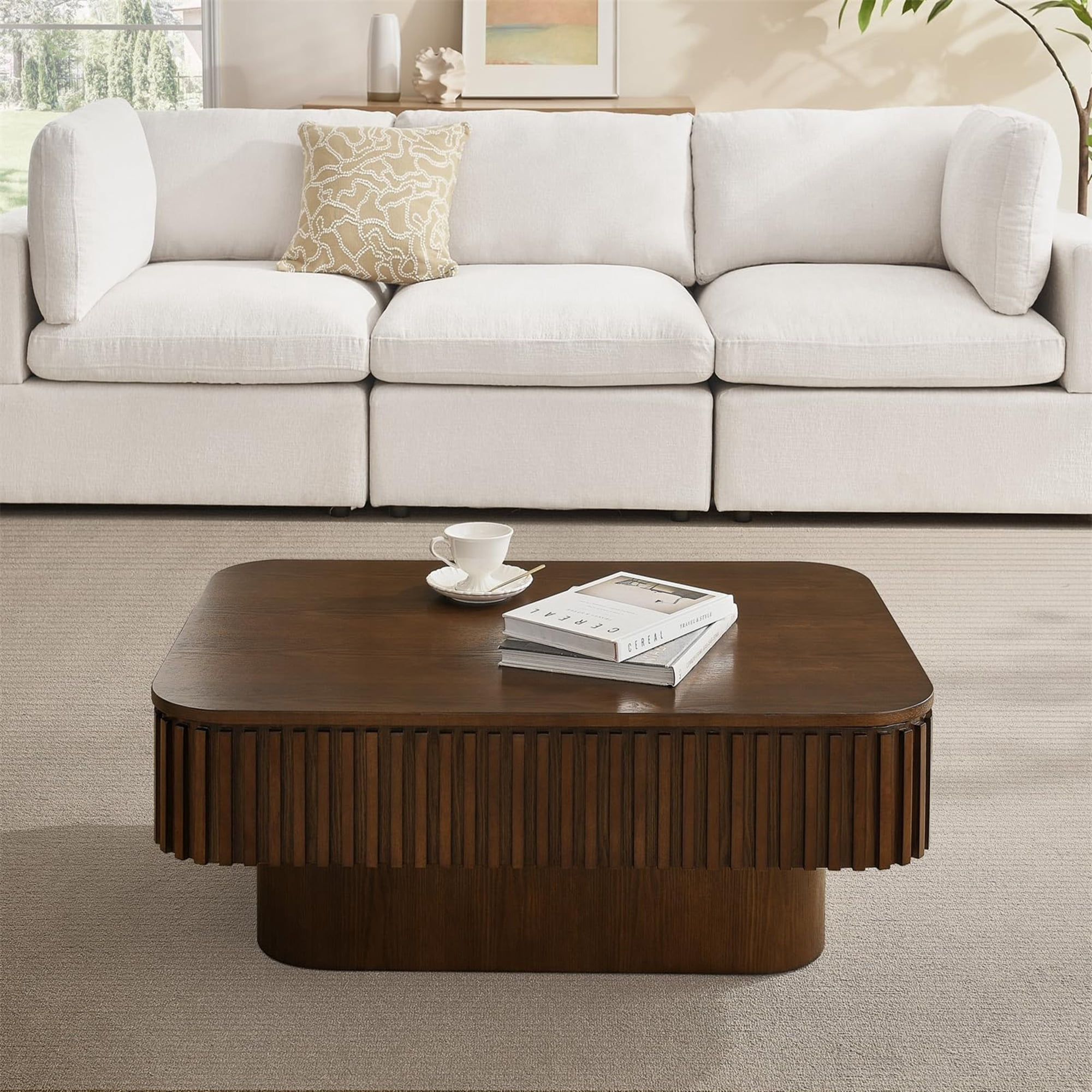 BFJDM 38.6" Lift Top Coffee Table with Hidden Storage, Handmade Solid Wood Fluted Panel, Walnut Rectangle Center Table for Living Room, Small Space Apartment Office Furniture