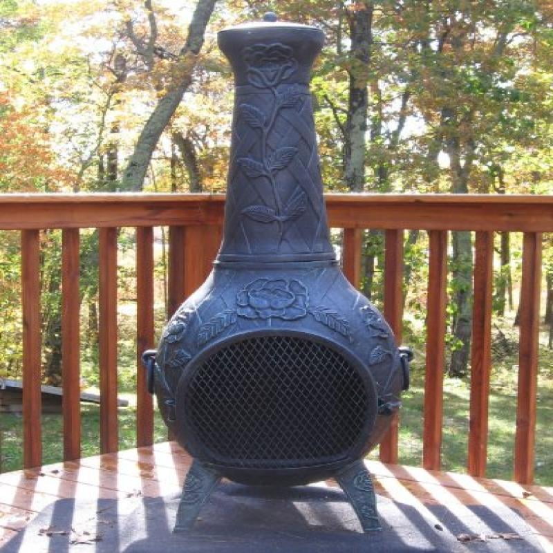 The Blue Rooster Co. Rose Style Cast Aluminum Wood Burning Chiminea in Antique Green. by