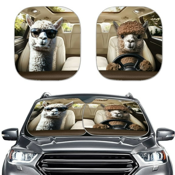 Jeiento Driving Alpacas Car Front Windshield Sun Shade 2-Piece Foldable Car Windshield Sun Shade UV Rays and Keeps Vehicle Cool Easy to Install for Most Sedan Truck SUV