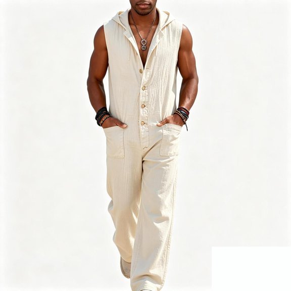 Xdegoge Mens Sleeveless Jumpsuit Casual Hooded Rompers with Pockets One Piece Button Down Outfits Loose Fit Cargo Overalls for Summer Vacation Streetwear Fashion