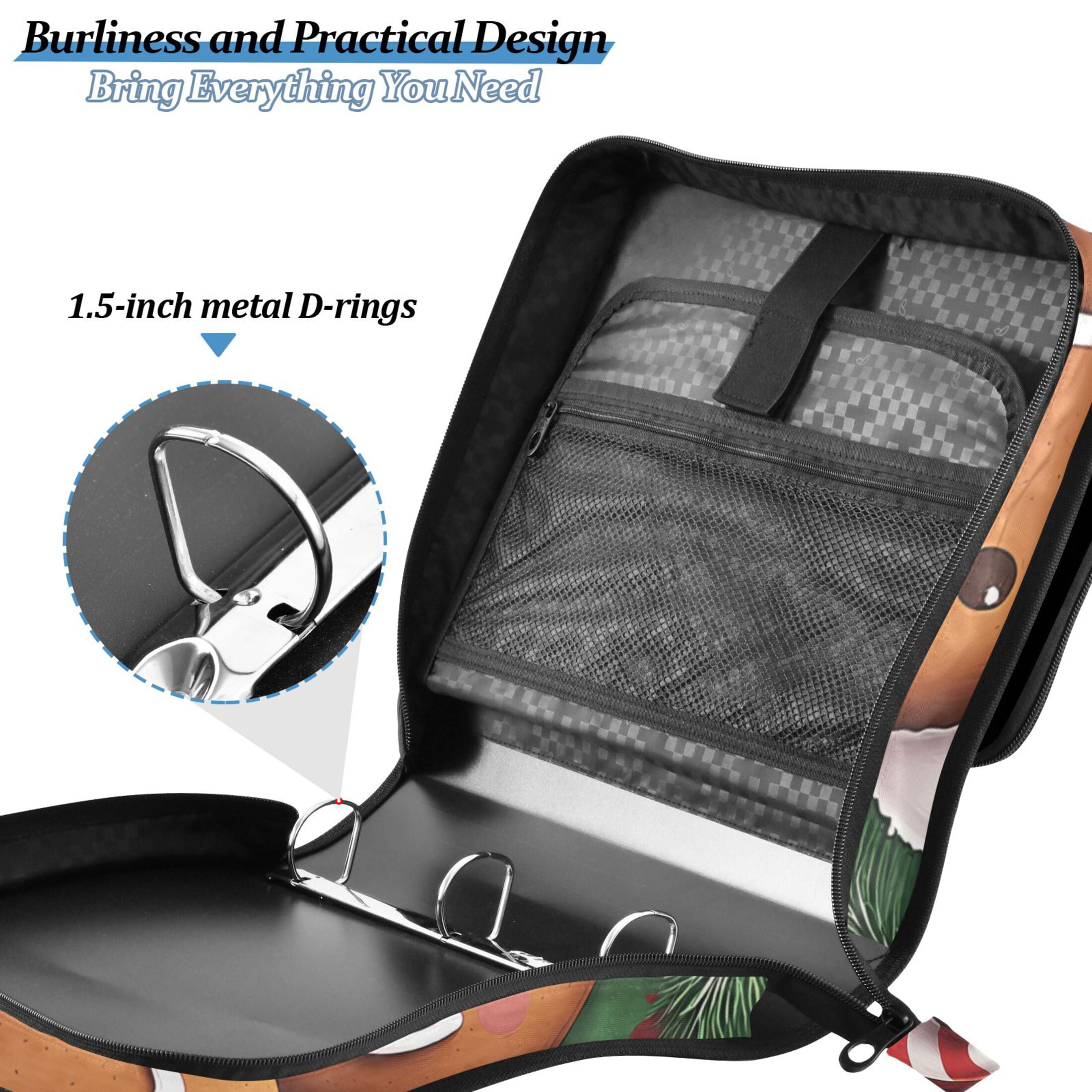 3 Ring Zipper Binder with Shoulder Strap Waterproof Trapper Keeper 2 Inch D-Ring 500 Sheets Capacity Christmas Gifts Gingerbread Men