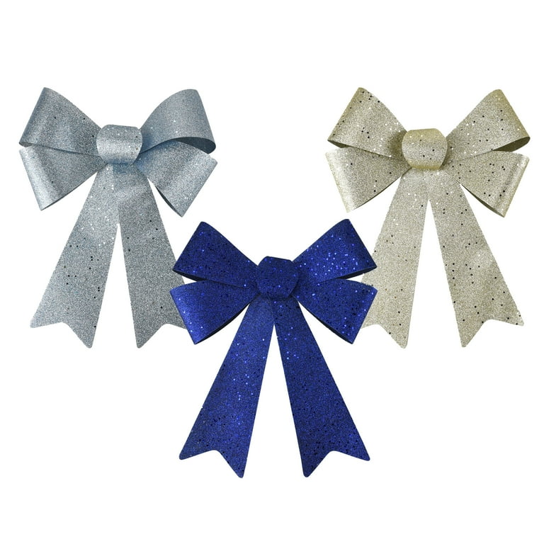 Glitter PVC Christmas Bows, Navy Blue, 15-Inch, 3-Piece 