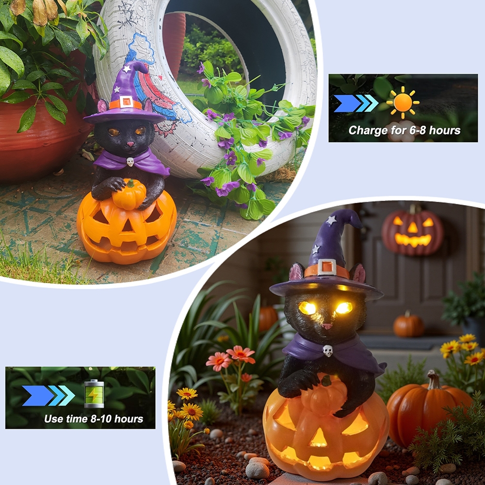 Halloween Decorations Solar Spooky Lights Outdoor Black Cat Pumpkin Figurine Light Garden Statue Decor for Outside Patio Front Porch Yard, Home Decor Gifts for Halloween