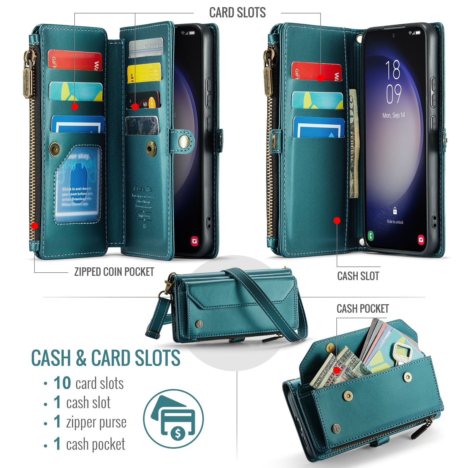for Samsung Galaxy A54 5G Full Body Protection Wallet Folio Flip Case, Shoulder Strap & Wristlet Card Slots Zipper Pocket RFID Blocking Rugged Durable PU Leather Phone Case Cover, Green