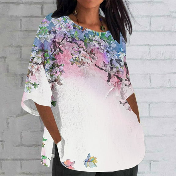 Njoeus Plus Size Tops for Women Hawaiian Shirts for Women Linen Shirts for Women, Women's Ladies Fashion Casual Cropped 3/4 Sleeve Printing Cotton Loose Shirt Blouse Top Tee Shirts for Women Plus Size