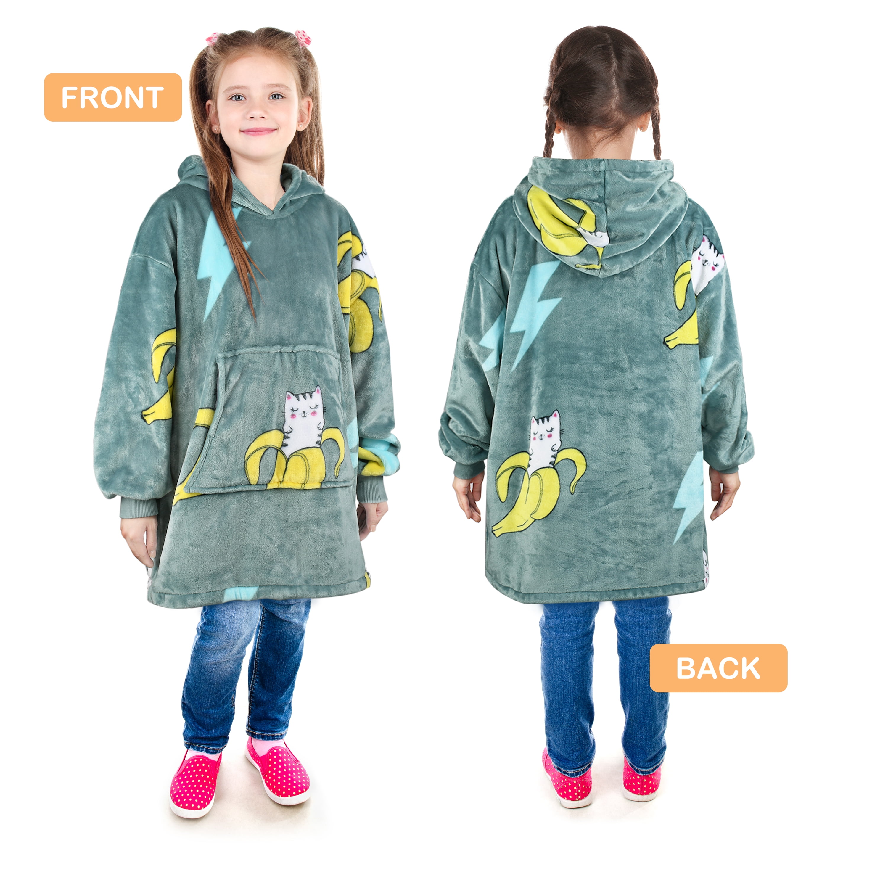 Catalonia Banana Cat Print Blanket Hoodie Sweatshirt for Kids, Oversized Wearable Fleece Snuggy Pullover , 4-12 Years Boy Girl Gift, 28 × 24 inches