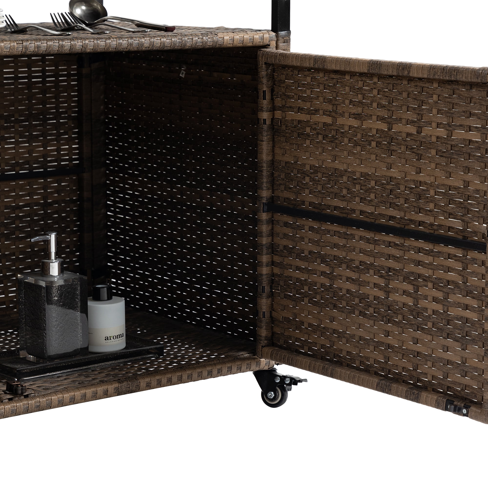 Aukfa Outdoor Wicker Island Rolling Bar Cart with Glass Top for Patio Backyard Garden, Brown