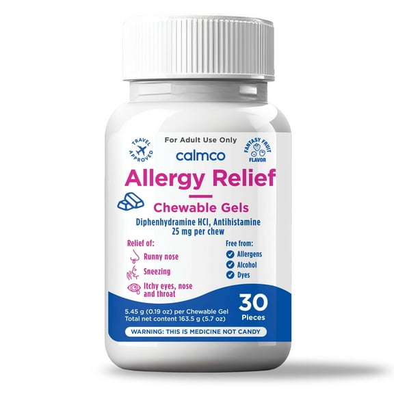 CalmCo Adult Allergy Relief Chewable Gels with Diphenhydramine - Chewable Antihistamine for Sneezing, Runny Nose & Itchy Eyes, Nighttime Allergy Medicine for Ages 12 , Fantasy Fruit Flavor, 30 Pieces