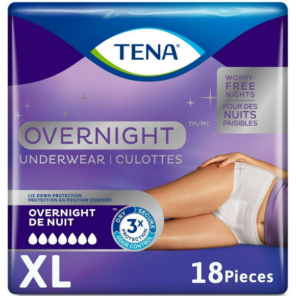 TENA, Incontinence Underwear for Women, Postpartum and Bladder Control, Overnight Absorbency, Extra Large, 18 Count, TENA Overnight Underwear is designed for nighttime use with a secure barrier system and lie-down protection for restful nights.