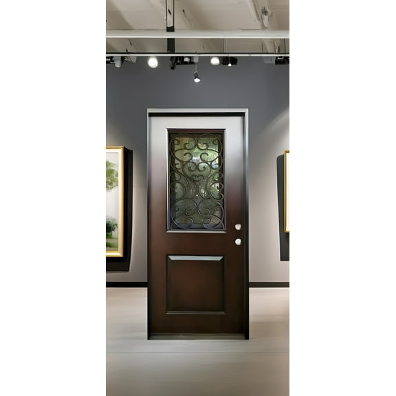 36" x 80" Environment Damage Resistant Polyurethane Composite Exterior Entry House Front Door, Openable Tempered Rain Glass Window, Left-Hand Single Door Inward Swing Dark Walnut PCD07