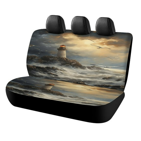 Lighthouse Sunrise Coast Scenery Pale Blue Tan Printed Universal Back Bench Car Seat Cover Pack of 2 Rear Seat Covers for for Most Cars,Trucks,SUVs Or Van