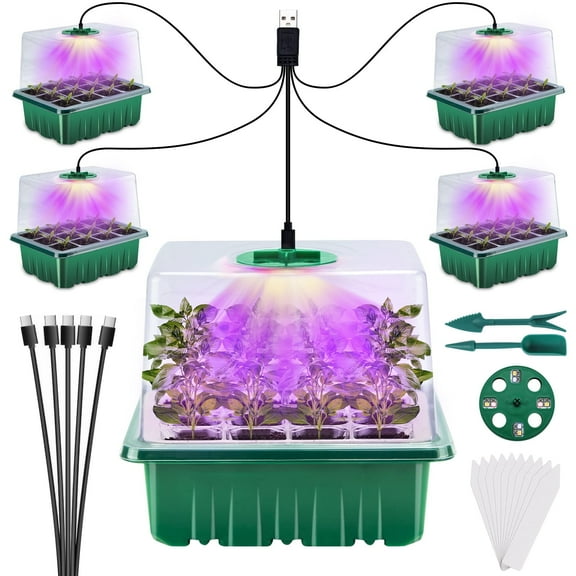 Ninonly 5 Pack Seed Starter Tray with Grow Light, Seedling Starter Kit with Adjustable Humidity Domes, Indoor Plant Seed Starter Kit Greenhouse Plant Germination Kit for Seeds Starting Growing