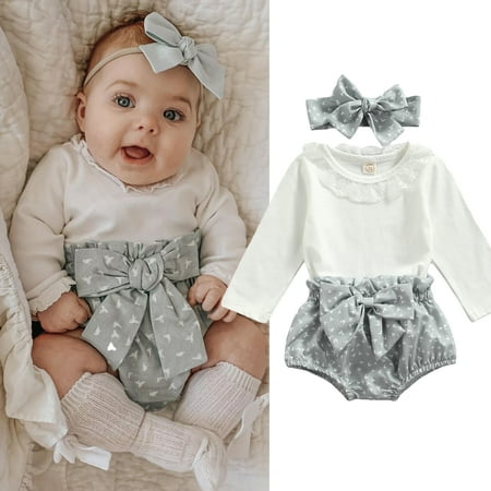 

Sunisery Newborn Baby Girl Fall Winter Clothes Outfits Lace Romper Bodysuit Floral Shorts Pants Headband Set Gray 3-6 Months