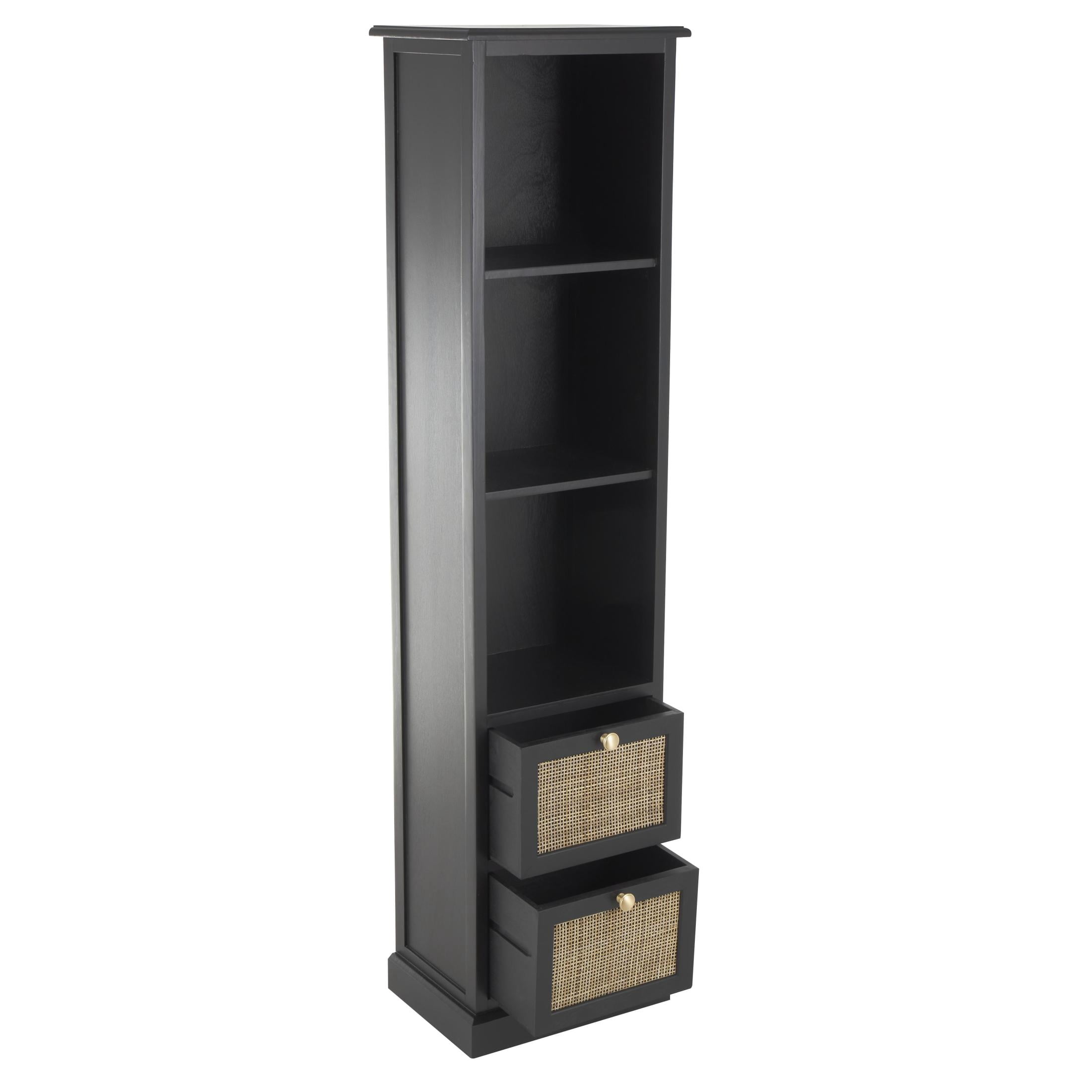 DecMode 14" x 58" Black Wood 2 Drawer and 3 Shelf Cabinet with Rattan Front, 1-Piece