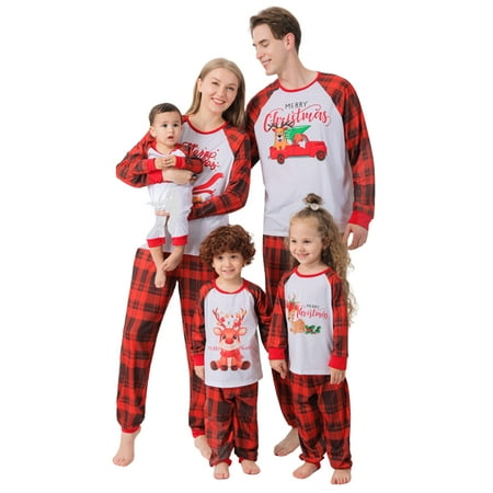 

Biekopu Matching Family Pajamas Sets Christmas PJ s Sleepwear Merry Christmas Truck Driving Top and Plaid Pants
