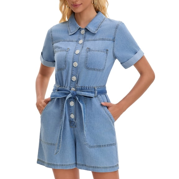 DARING DIVA Women's Denim Romper Collared Short Sleeve Jean Jumpsuit Shorts Small Blue