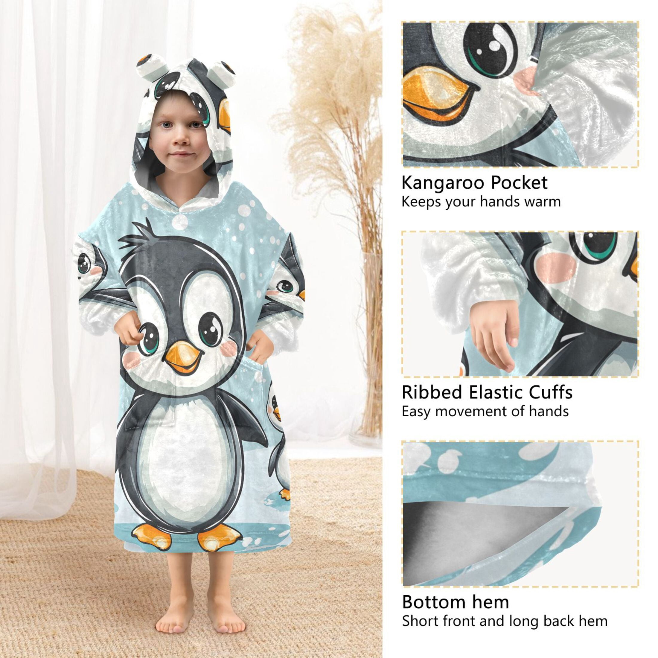 joogoo Wearable Blanket Hoodie for Kids Penguins and Snow Flannel Oversized Sweatshirt 3-14 Years M