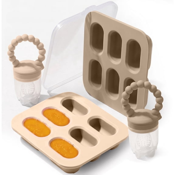 Silicone Baby Fruit Feeders with Freezer Tray for Batch Prep, Set of 2 Safe & Convenient, Includes Extra Pouches & Travel Lids, Dishwasher Safe, Tan