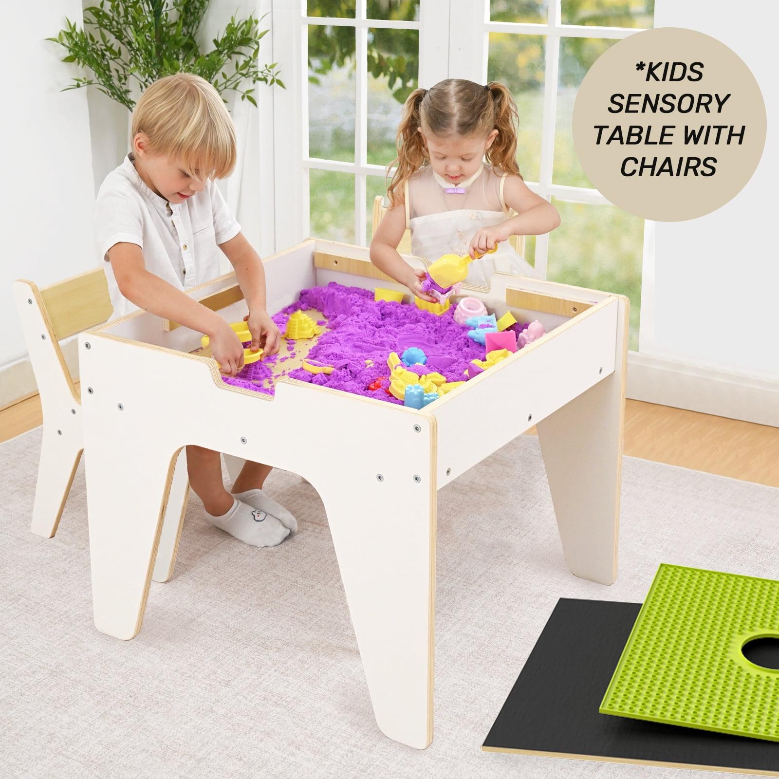 Kids Table and Chair Set, Reversible Wooden Activity Table with Board and Building Bricks Tabletop, 3 in 1 Wooden Toddlers Tables for Arts, Crafts
