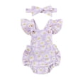 thumbnail image 2 of Aojekbee Baby Girls Summer Romper Waffle Daisy Print Flying Sleeve Neck Jumpsuit with Bow Headband, 2 of 8