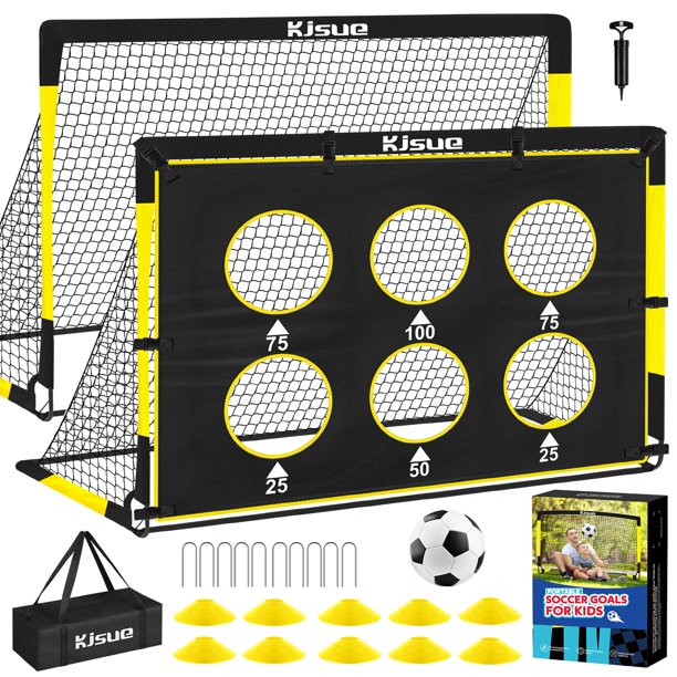 Set de porterías de fútbol KJSUE para niños con 2 redes de 6 x 4 pies, balón, bomba y accesorios