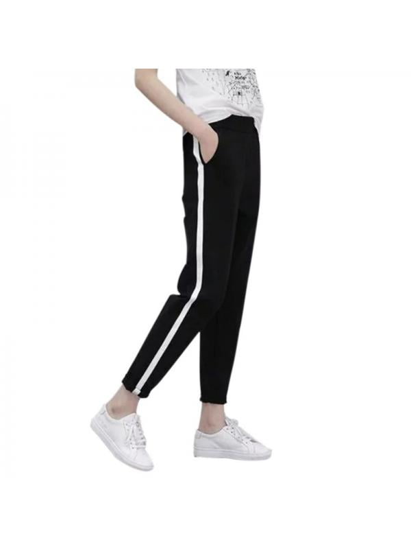 black wide leg pants with white stripe