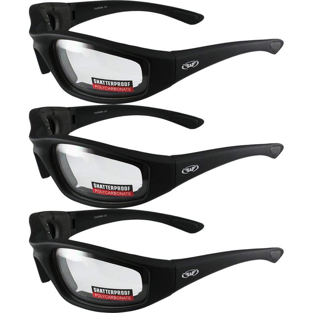 3 Pairs Kickback Foam Padded Motorcycle Sunglasses Clear
