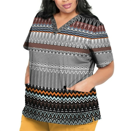 

Sksloeg Women Scrub Tops Azik Ethnic Printed Short Sleeve V-Neck Lightweight Easy Fit Shirts Tee Tops with Pockets Light Gray XXXXXL