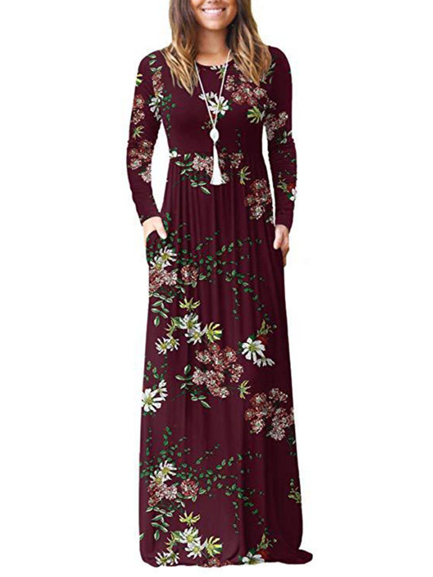 Mimfor Women Floral Print Long Sleeve High Waist Boho Long Maxi Dresses with Pockets 