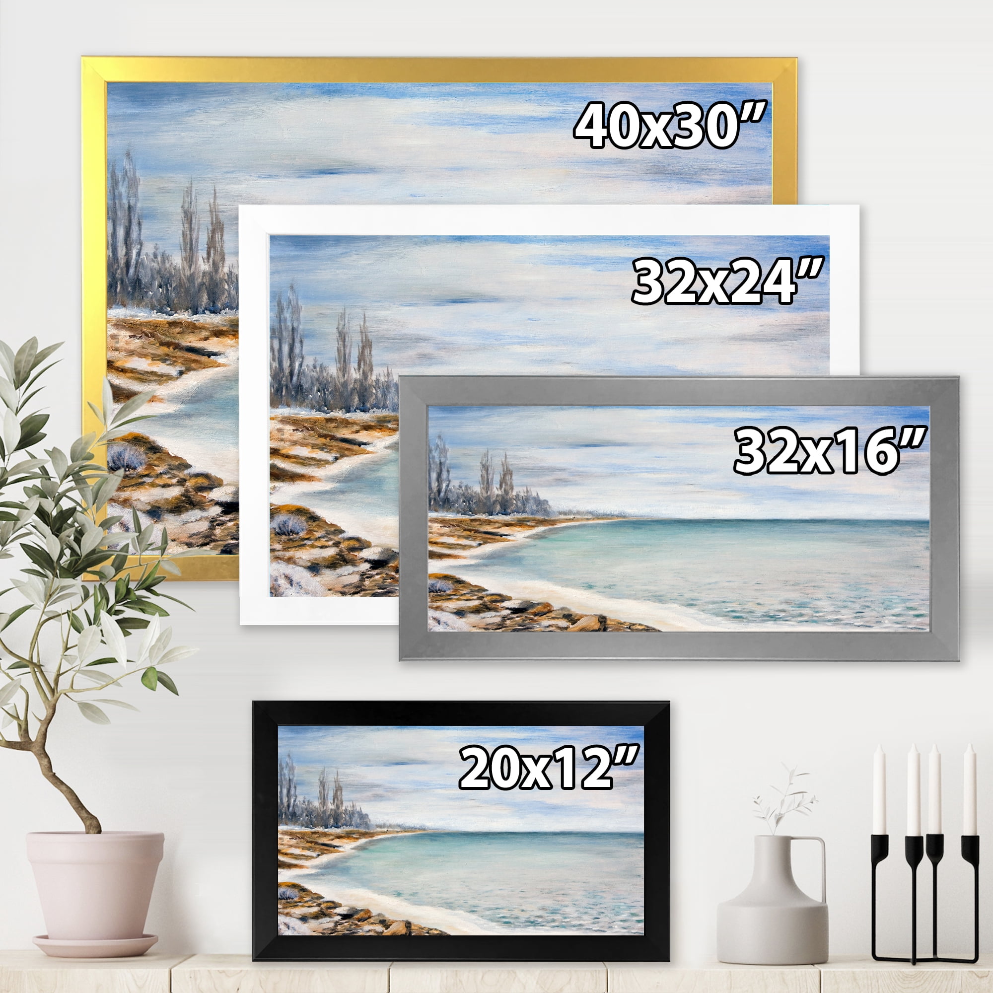 Designart 'Beach Is Covered With Ice' Nautical & Coastal Framed Art Print