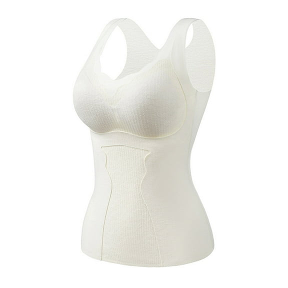 Lovskoo 2024 Womens Cotton Thermal Fleece Lined Underwear Tops Winter Self-Heating Warm Cold-Proof Lace Seamless Bottom with Built-In Bra Cami Tank Top Warm Base Layer Vest Beige