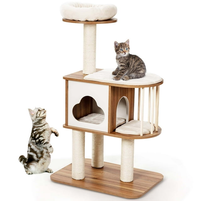 Costway 46" Modern Wooden Cat Tree with Platform & Washable Cushions for Kittens & Cats Brown