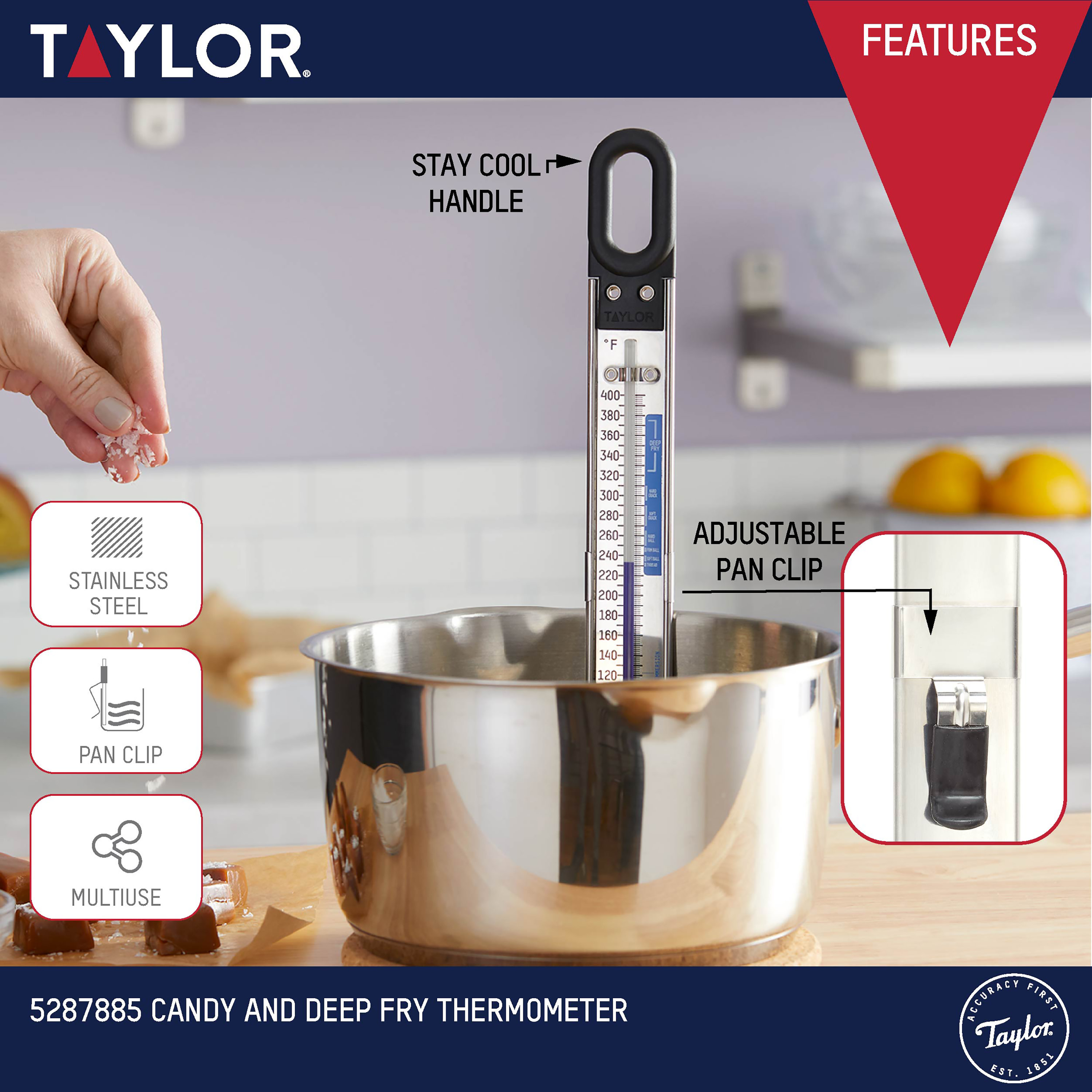 Taylor Candy and Deep Fry Analog Paddle Stainless Steel Thermometer with Adjustable Pot Clip - image 5 of 8