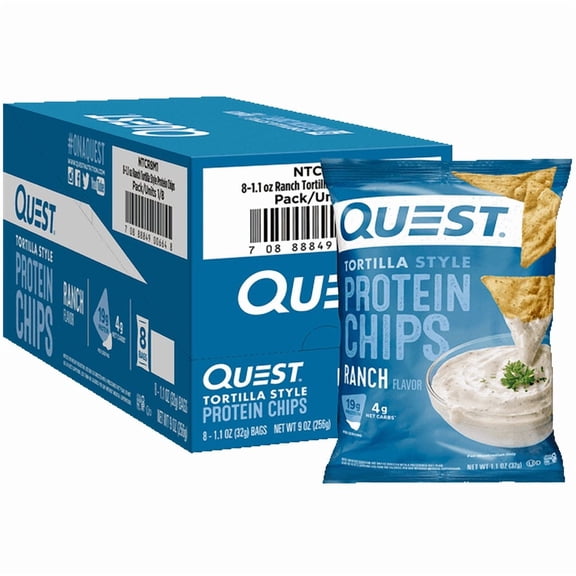 Quest Tortilla Style Protein Chips, Ranch Flavor, High Protein Snack, 1.1 oz Bags, 8-Count
