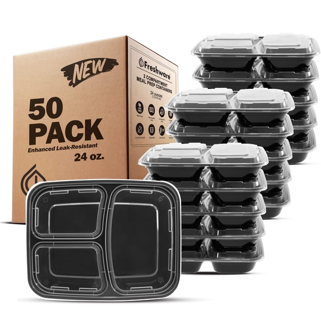 Recipientes de almacenamiento de alimentos Freshware con 3 compartimentos, 24 oz x 50