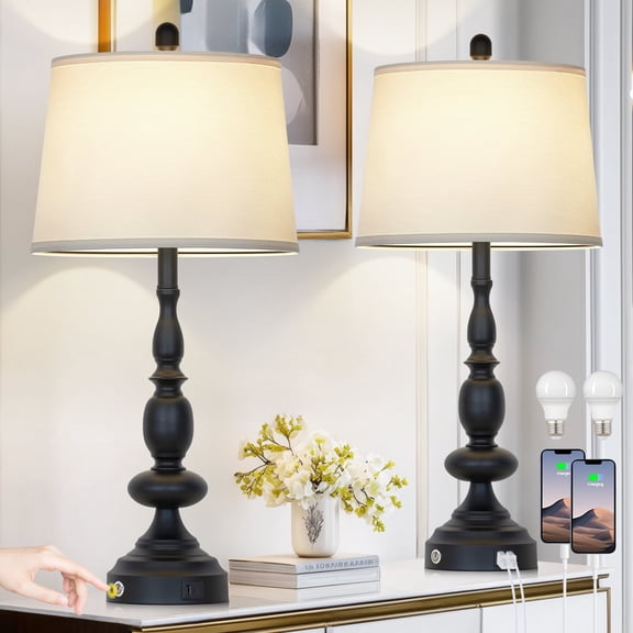 Cinkeda Set of 2 Black Industrial Table Lamps with USB-C & USB-A Ports, 29"  3-Way Dimmable Touch Control Metal Lamp for Bedroom, Living Room